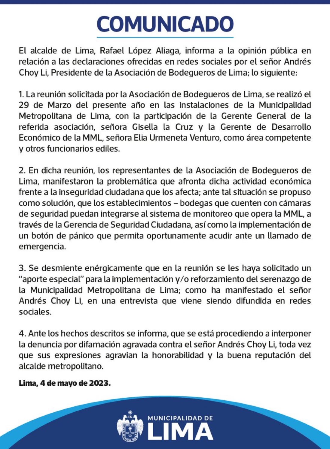 Rafael López Aliaga Denuncia A Presidente De La Asociación De Bodegueros Andrés Choy Canalbpe 1343